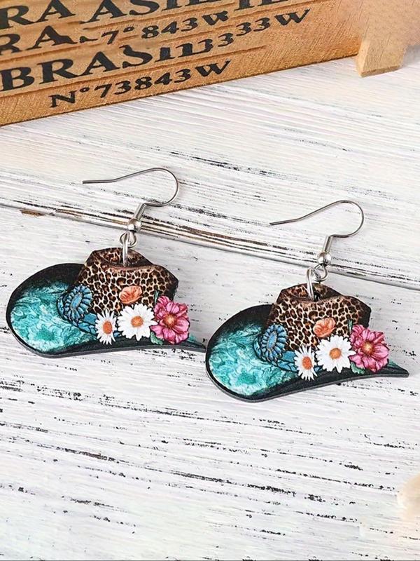 Boho Style Floral & Leopard Print Dangle Earrings, Fashion Hat Shape Jewelry for Women, Daily Clothing Decor, Trendy All-match Jewelry for Birthday Gift