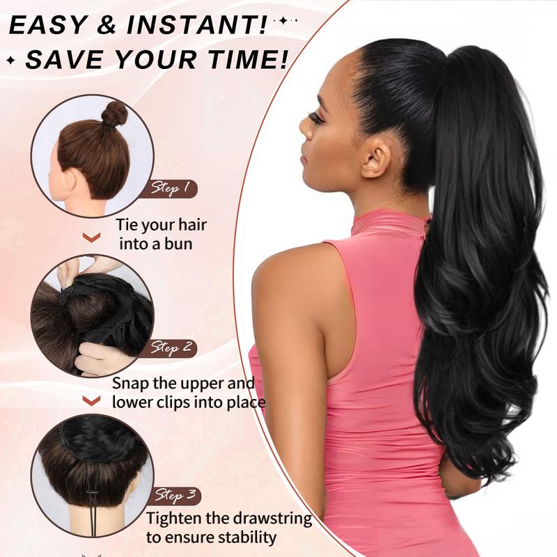 CHRSHN Ponytail Extension, 26 Inch Drawstring Ponytail Extension for Women Long Black Wavy Layered Pony Tails Hair Extensions Synthetic Clip in Ponytail Hairpiece for Women