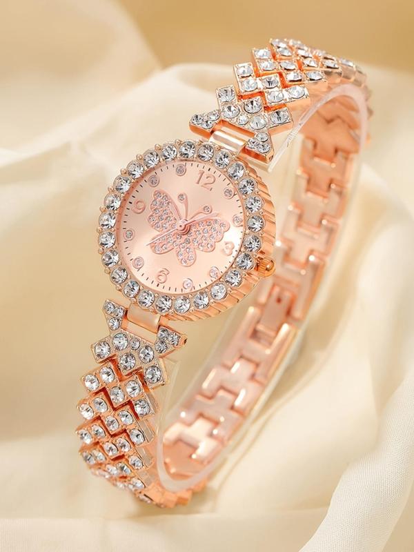 Women's Elegant  Rhinestone Decor Butterfly Design Quartz Watch & Heart Design Bracelet Set, without Box, Trendy All-match & Exquisite Watch Set for Birthday Gift