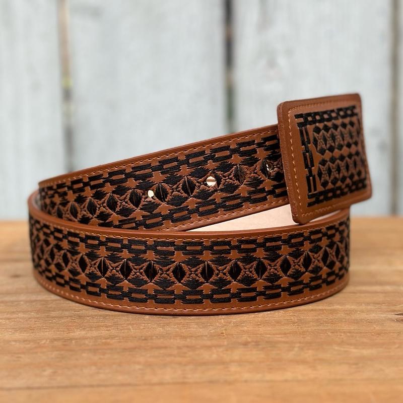 Tan “Rocco” Embroidered Belt with Rectangular Buckle - Men’s Western Belts