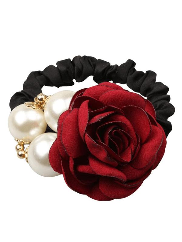 Elegant Faux Pearl Decorated Hair Ties As Gift, Handmade Flower Decorated Hair Ties, Exquisite Fashion Hair Accessories for Women & Girls, High Elastic Ponytail Holder