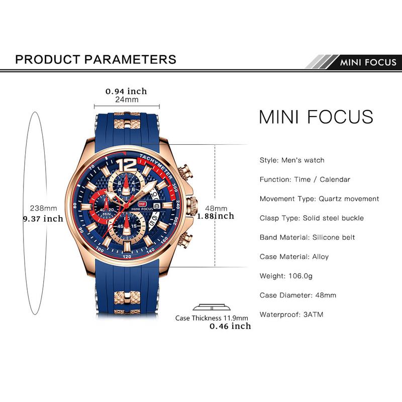 MF MINI FOCUS Watches for Mens Fashion Sports Waterproof Chronograph Watches with Silicone Strap Business Work Wrist Watch Auto Date Watches Silicon  for Men