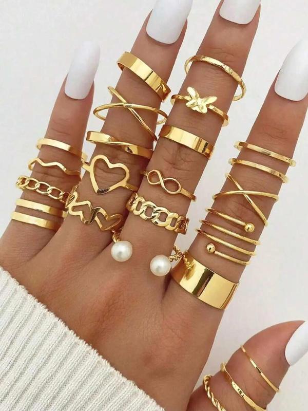 Trendy Exquisite Heart & Butterfly Design Pendant Necklace & Cuff Ring & Bracelet & Hoop Earrings, Chic Jewelry Set As Gift for Girlfriend