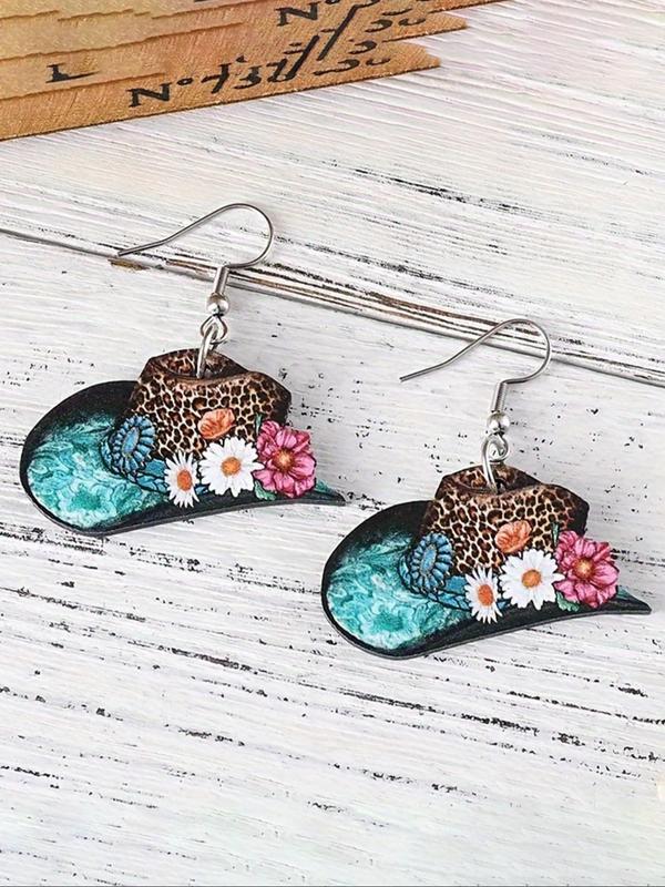 Boho Style Floral & Leopard Print Dangle Earrings, Fashion Hat Shape Jewelry for Women, Daily Clothing Decor, Trendy All-match Jewelry for Birthday Gift