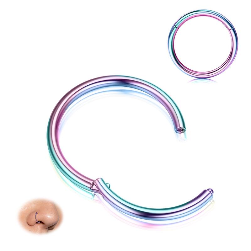 BodyBonita Hinged Nose Rings Hoops - 316L Surgical Steel Seamless Nose Piercing Jewelry Hypoallergenic 20G 18G 16G Septum Clicker Lip Rings Cartilage Helix Daith Conch Tragus Rook Labret Belly Button 6mm 7mm 8mm 9mm 10mm Blue Rainbow