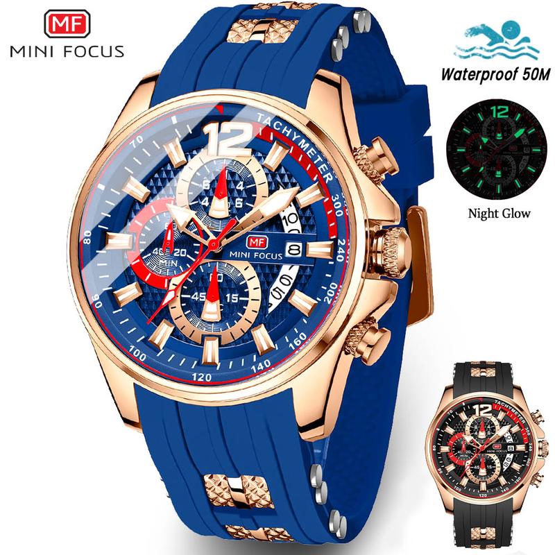 MF MINI FOCUS Watches for Mens Fashion Sports Waterproof Chronograph Watches with Silicone Strap Business Work Wrist Watch Auto Date Watches Silicon  for Men