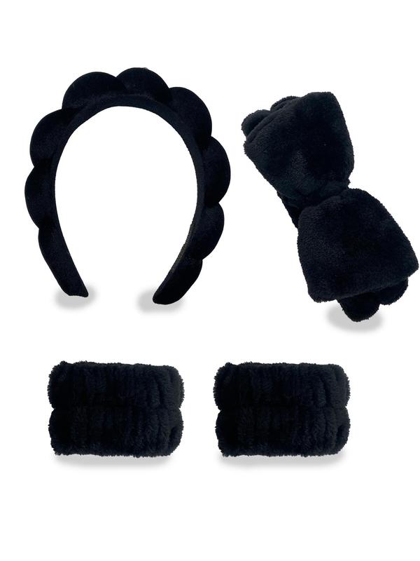 Cute Bowknot Decor Plush Hair Hoop & Hair Band & Wristbands for Women & Girls, Minimalist Headwear Suitable for Thick Hair for Shower, Yoga, Washing Face