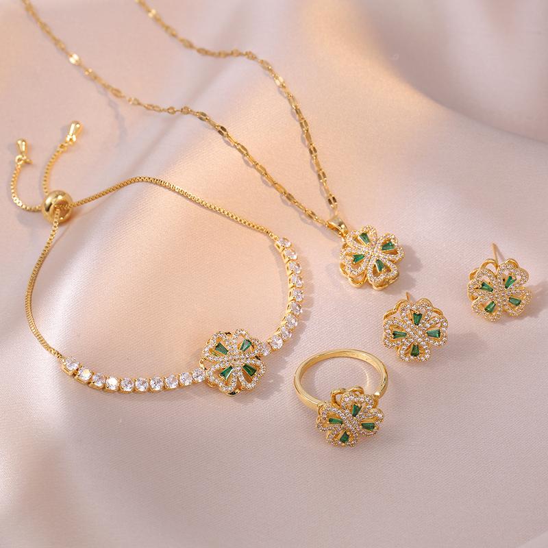 Jewelry Set, Necklace + Earrings + Ring + Bracelet, Women's Necklace, Flower-Shaped Rotating, Rotating Four-Piece Set, Suit Clavicle Necklace