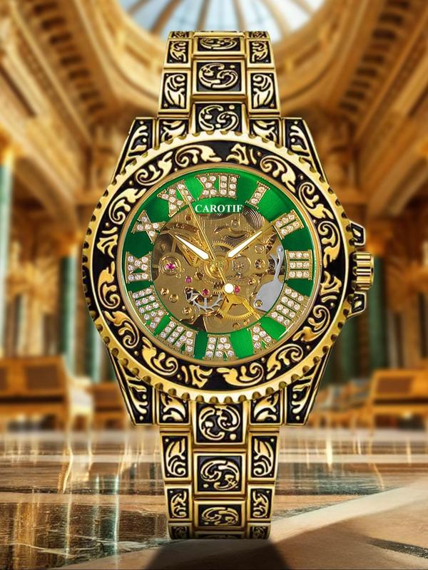 Men's Punk Style Rhinestone Decorated Carving Mechanical Watch, Fashion Watch for Party, Daily Clothing Decor, Trendy All-match & Exquisite Watch for Birthday Gift