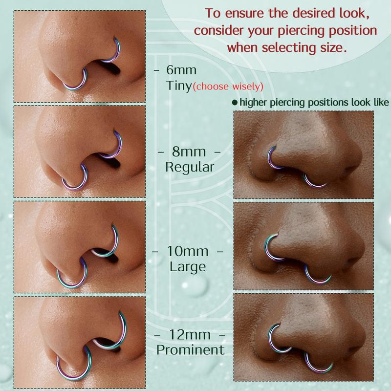 BodyBonita Hinged Nose Rings Hoops - 316L Surgical Steel Seamless Nose Piercing Jewelry Hypoallergenic 20G 18G 16G Septum Clicker Lip Rings Cartilage Helix Daith Conch Tragus Rook Labret Belly Button 6mm 7mm 8mm 9mm 10mm Blue Rainbow