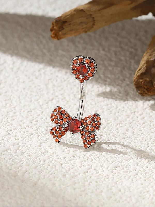 Rhinestone Decorated Bow Design Belly Ring, Navel Ring, Women's Belly Piercing Body Jewelry For Daily Decoration