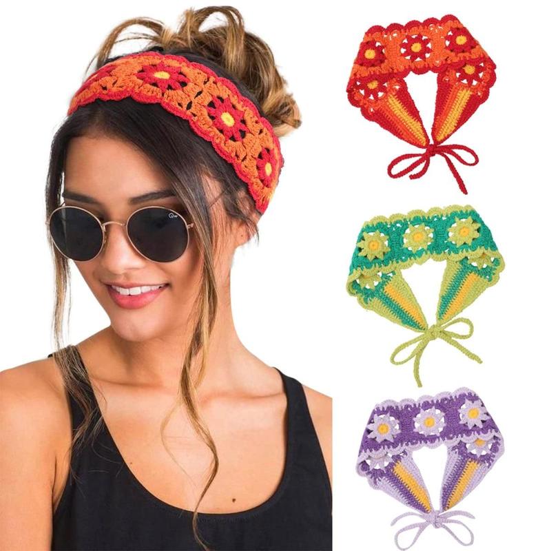 AWAYTR 3Pcs Set Hippie Hair Bandanas Headbands for Women Boho Headband Knit Hair Bands Floral Head Wrap for Girls