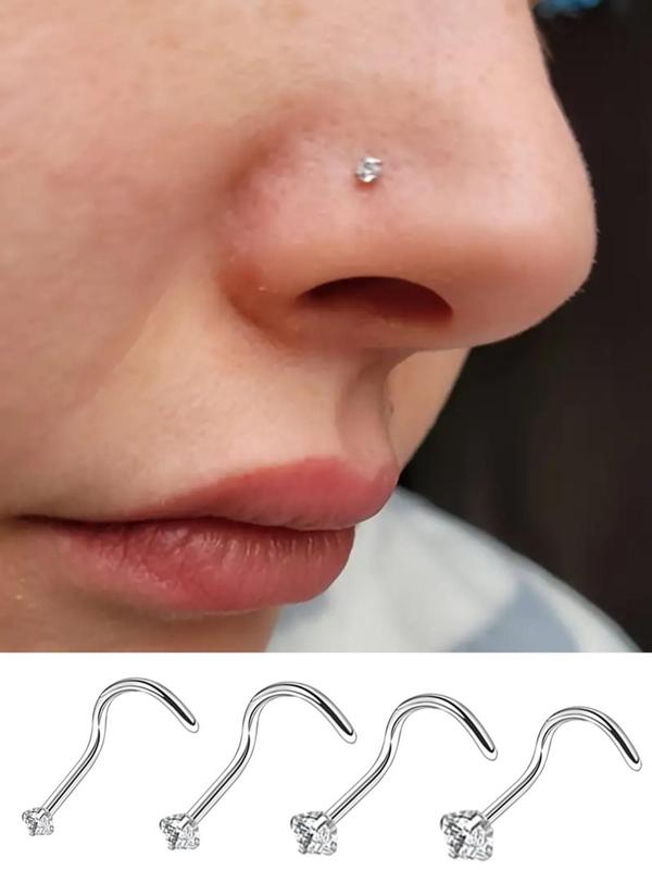 4pcs Unisex Rhinestone Decorated Nose Ring, Stainless Steel Nose Studs, Fashionable Body Jewelry for Women & Men, Minimalist Aesthetic Jewelry Gift