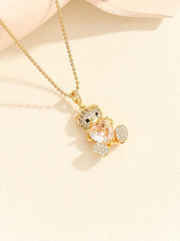 Cute Bear & Heart Design Pendant Necklace,  Rhinestone Decor Stainless Steel Jewelry for Party, Daily Clothing Decor, Trendy All-match & Exquisite Jewelry for Birthday Gift