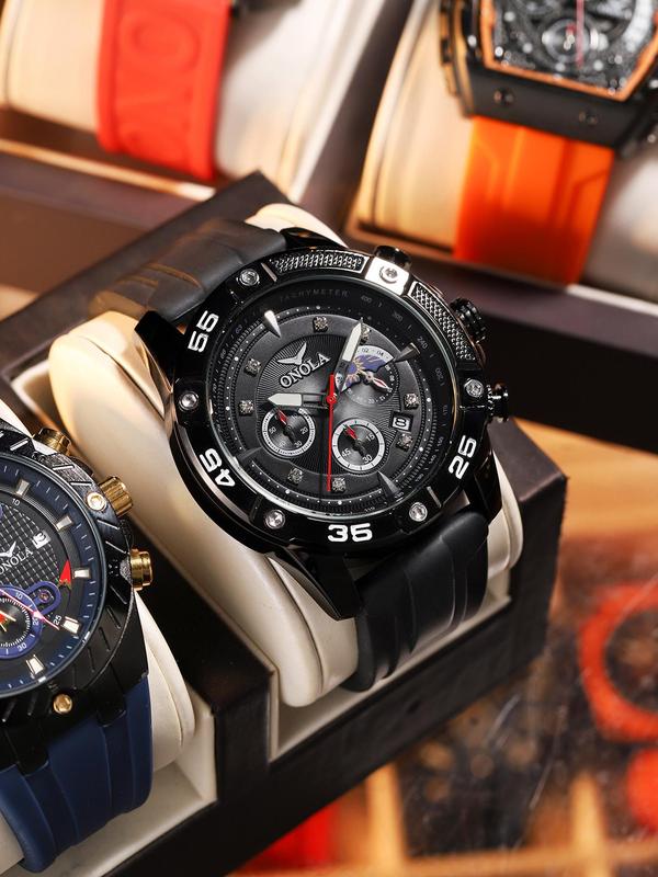 Men's Sporty Round Dial Silicone Strap Quartz Watch, Fashion Luminous Dial Chronograph Watch, Waterproof Wristwatch with Box, Trendy Watch for Gift