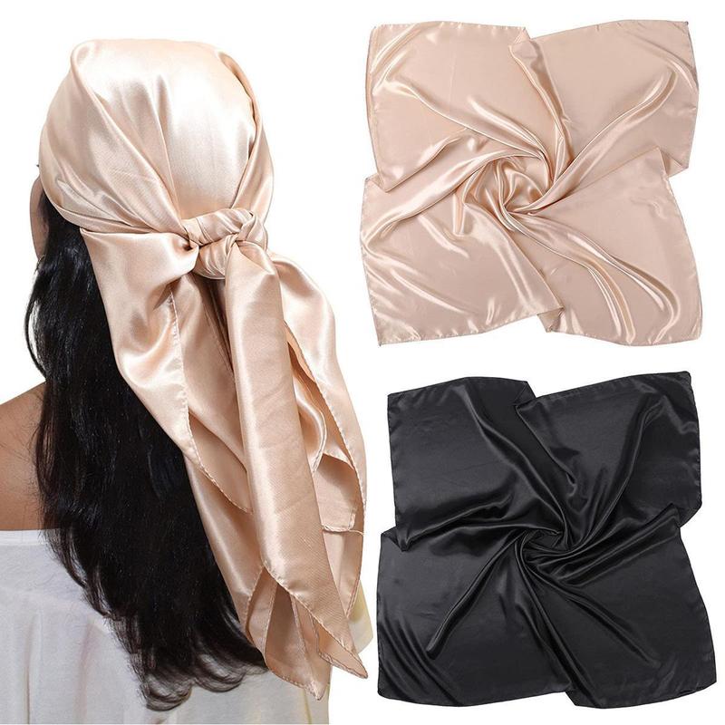 AWAYTR 2Pcs Set 35” Large Square Head Scarf Silk Like Head Scarves Square Hair Scarf Bandanas for Women