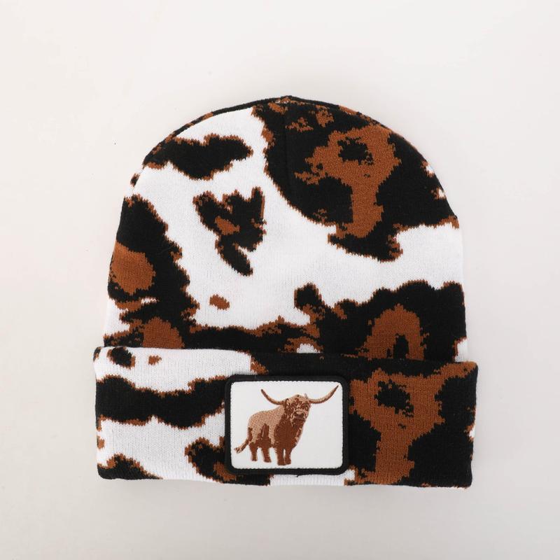 Highland Cow Embroidered Patch Beanie with Dani Morgan's Unique Cowprint Design