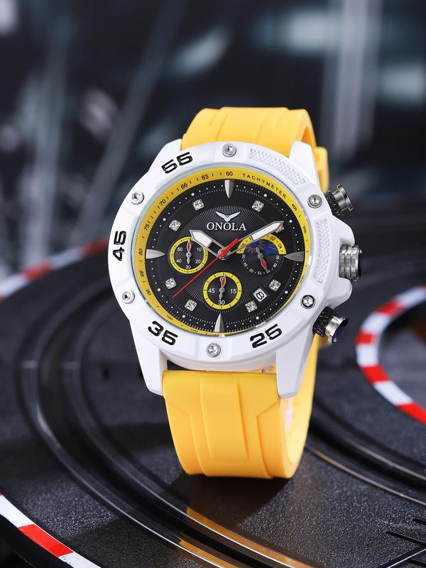 Men's Sporty Round Dial Silicone Strap Quartz Watch, Fashion Luminous Dial Chronograph Watch, Waterproof Wristwatch with Box, Trendy Watch for Gift