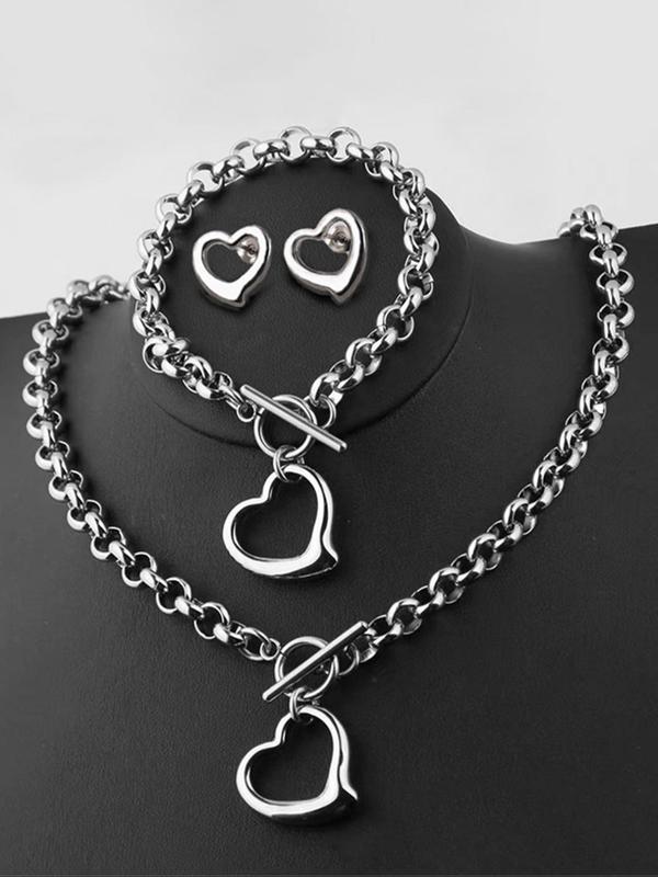 Women's Elegant hollow out Heart Design Jewelry Set, Fashion Necklace & Bracelet & Stud Earrings, Trendy All-match & Exquisite Jewelry Set for Birthday Gift