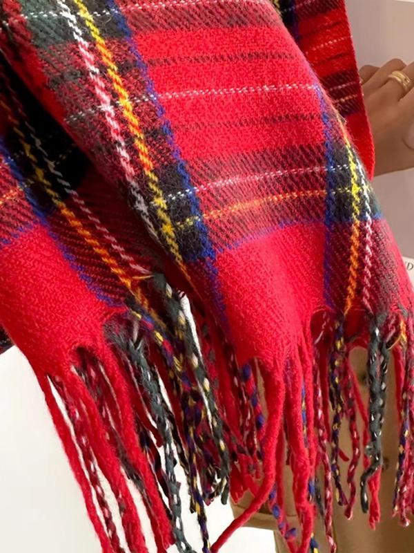 Women's Tartan  Pattern Tassel Decor Scarf, Casual Soft Warm Classic Scarf for Fall & Winter, Fashion Accessories for Women & Girls