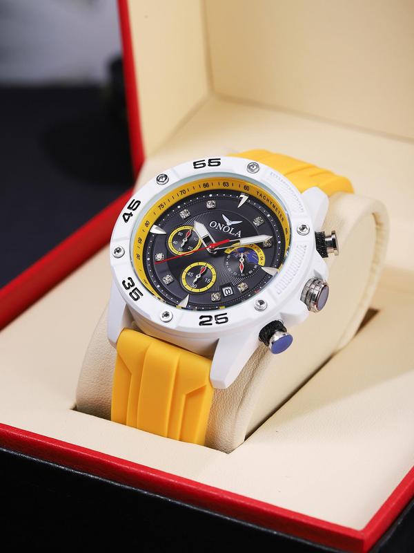 Men's Sporty Round Dial Silicone Strap Quartz Watch, Fashion Luminous Dial Chronograph Watch, Waterproof Wristwatch with Box, Trendy Watch for Gift