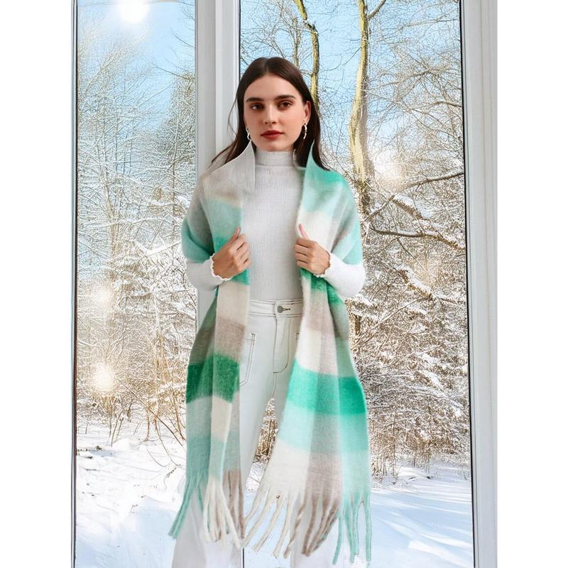 Luna Aurora  1PC Boho Colorful Grid Tassel Chunky Scarf Thickened Soft Warm Tassel Shawl Autumn Winter Coldproof Windproof Wrapped Neck Scarf