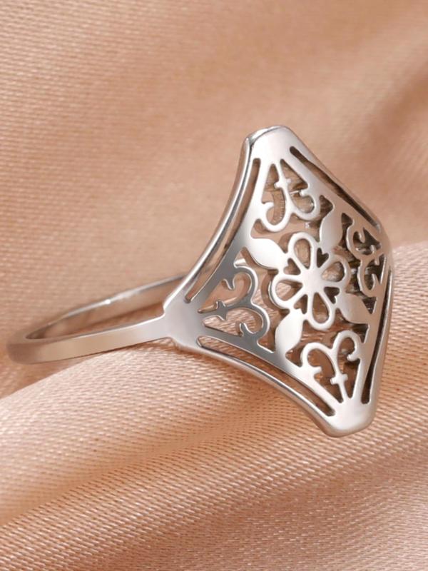 Vintage Hollow out Flower Design Stainless Steel Ring, Elegant Matching Jewelry for Women, Trendy Accessories for Party and Daily Life