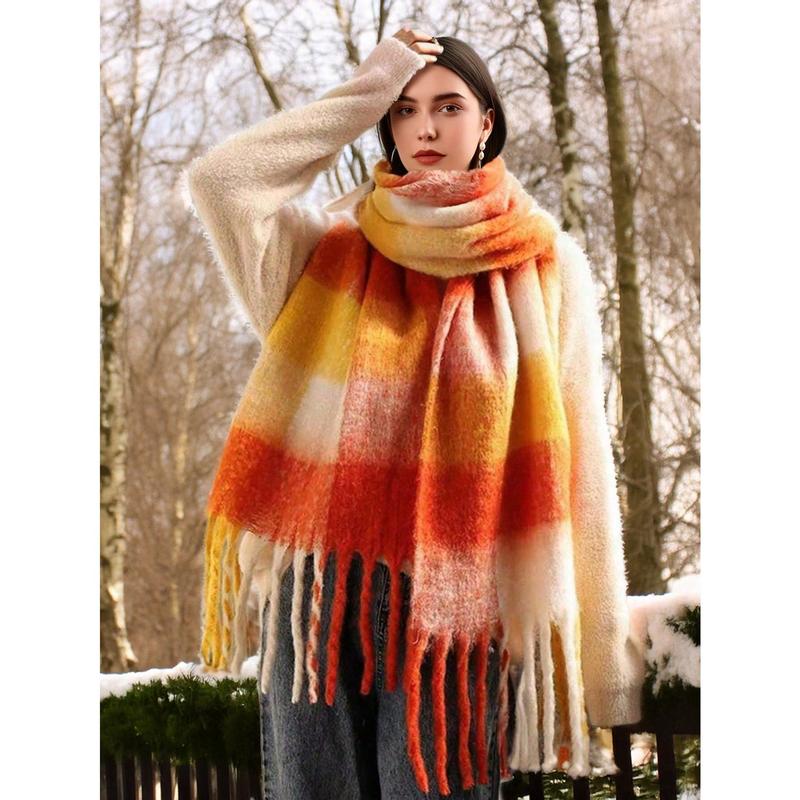 Luna Aurora  1PC Boho Colorful Grid Tassel Chunky Scarf Thickened Soft Warm Tassel Shawl Autumn Winter Coldproof Windproof Wrapped Neck Scarf