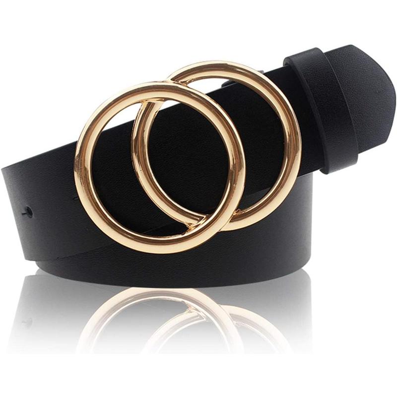 Women's PU Leather Belt Double O Ring Soft Faux Leather Waist Belt