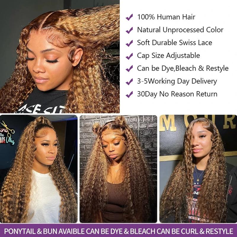 Honey Blonde Kinky Curly 13x4 13x6 Hd Lace Frontal Human Hair Wigs Pre Plucked Highlight Omber Colored Glueless 4x4 Closure Wigs