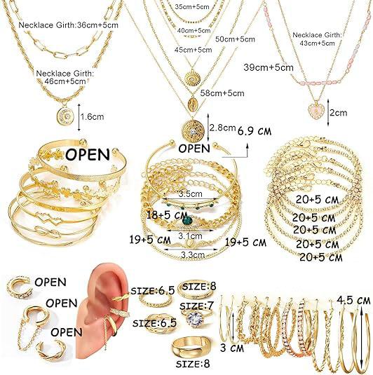 38Pcs(9Pack) Gold Plated Jewelry Set for Women With 8 Necklace 12 Bracelet 27 Ring 12 Pair Earring Hoop Simple Sparkle for Happy