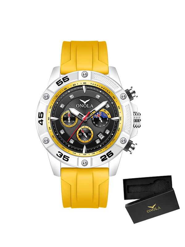 Men's Sporty Round Dial Silicone Strap Quartz Watch, Fashion Luminous Dial Chronograph Watch, Waterproof Wristwatch with Box, Trendy Watch for Gift