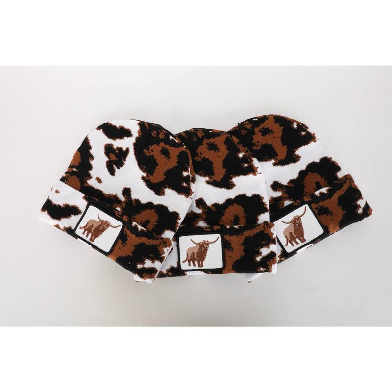 Highland Cow Embroidered Patch Beanie with Dani Morgan's Unique Cowprint Design