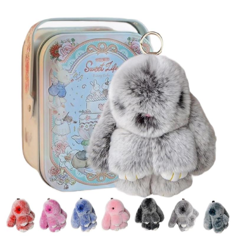 BunnyLulu Handmade Soft Bunny PomPom Keychain with Tin Box - Cute Charms for Phone Bag Car - Plush Pendants - Gifts for Women Girls