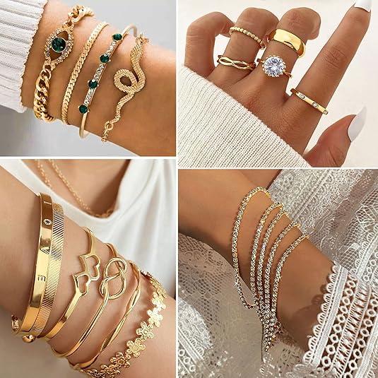 38Pcs(9Pack) Gold Plated Jewelry Set for Women With 8 Necklace 12 Bracelet 27 Ring 12 Pair Earring Hoop Simple Sparkle for Happy