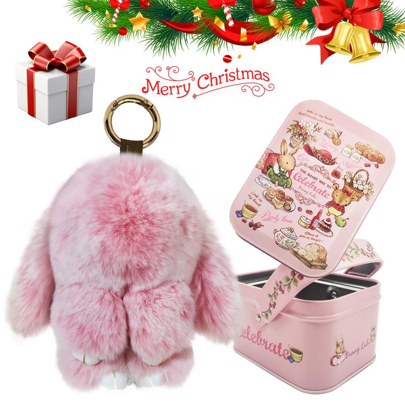 Soft Cute Pompom Lulu Bunny Keychains With Tin Box, Handmade Bunny Pom Pom Keychain Plushies for Phone Bag Car, lulu keychain Gifts for Women Girls