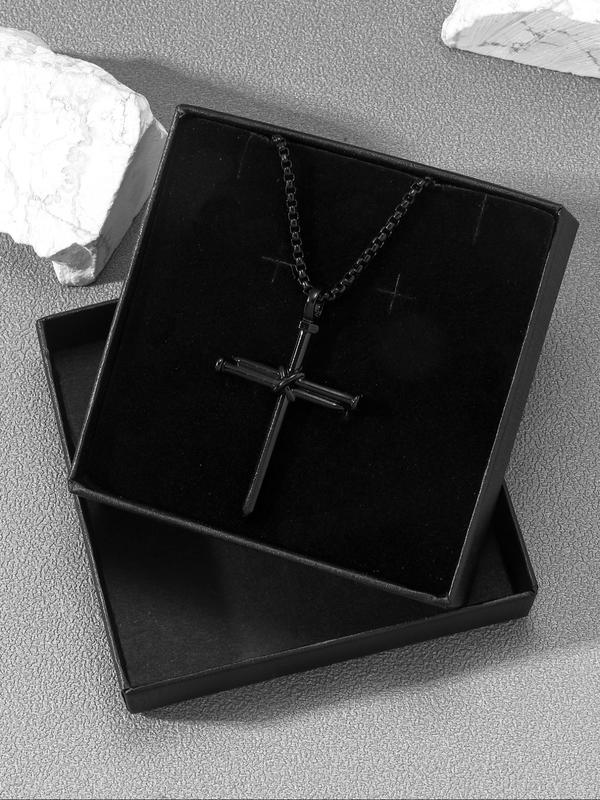 Men's Simple Style Plain Color Necklace with Cross Pendant Design, Casual Trendy Pendant Necklace For Daily Decoration As Gift With Box