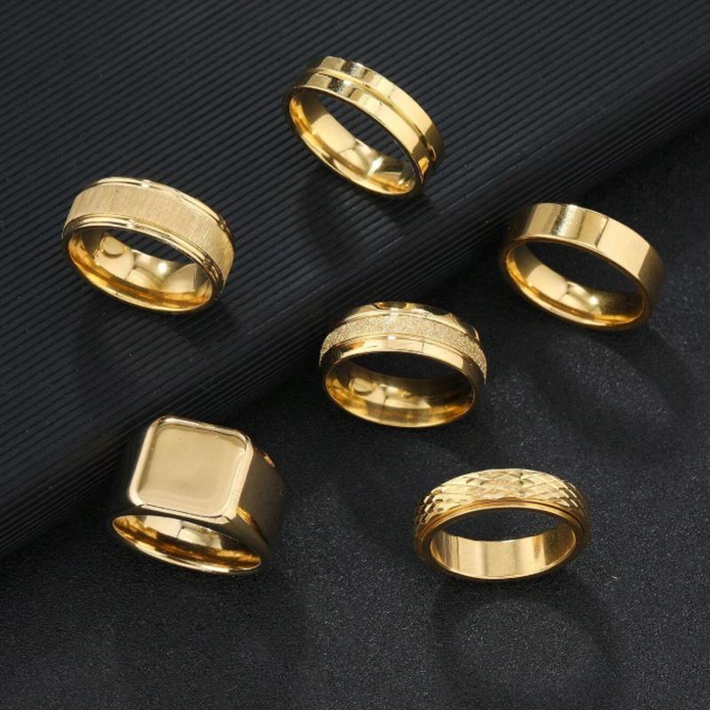 6pcs Set Stylish Stainless Steel Standing Aspect Rhombus Decorationd Men's Ring Set Suitable For Men's Daily Use Gift Jewellery