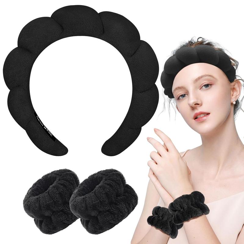 Spa Headband for Washing Face Wristband Sponge Makeup Skincare Headband Terry Cloth Bubble Soft Get Ready Hairband for Women Girl Puffy Padded Headwear Non Slip Thick Hair Accessory(Black)