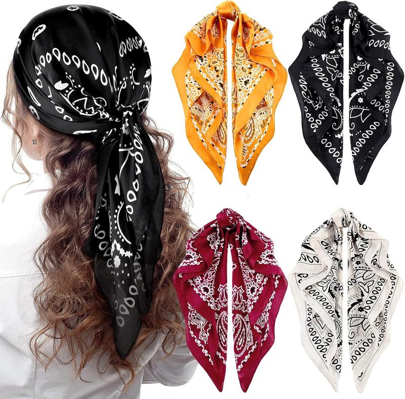 4 count 27'' Square Satin  Scarves Satin Bandanas for Women Satin Headband Scarves Silk Feeling Scarf Boho Headwear