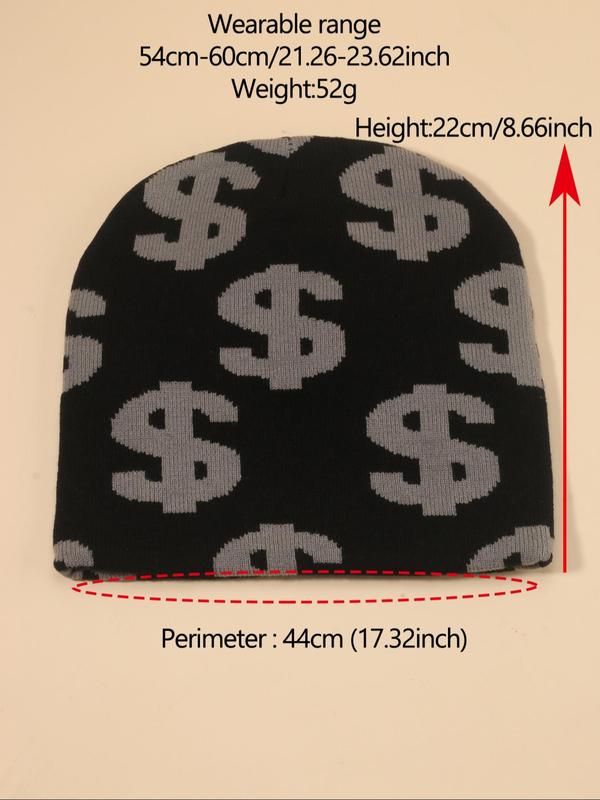 Unisex Colorblock Dollar Pattern Y2K Beanie Hat, Casual Trendy Soft Comfy Beanie Cap, Fashionable Hat for Fall & Winter for Men & Women