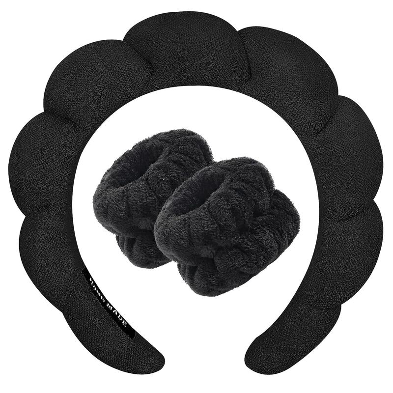 Spa Headband for Washing Face Wristband Sponge Makeup Skincare Headband Terry Cloth Bubble Soft Get Ready Hairband for Women Girl Puffy Padded Headwear Non Slip Thick Hair Accessory(Black)