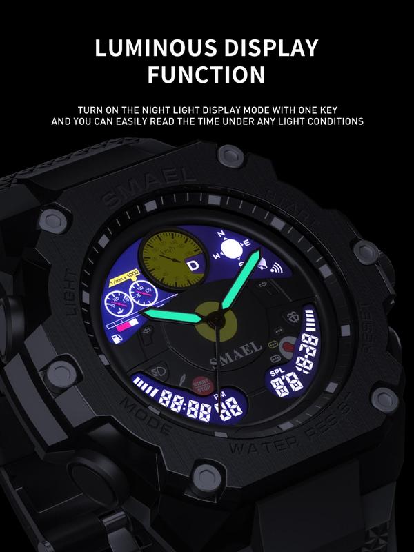 Men's Sportive Digital Analog Quartz Watch, Fashionable Waterproof Digital Watch with Luminous Dial & Time Function, Trendy Watch for Daily Life