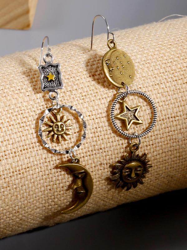 Vintage Moon & Sun & Star Design Dangle Earrings (1 Pair), Retro Bohemian Style Asymmetric Creative Jewelry for Women, Elegant All-match Fashion Accessories for Daily Wear