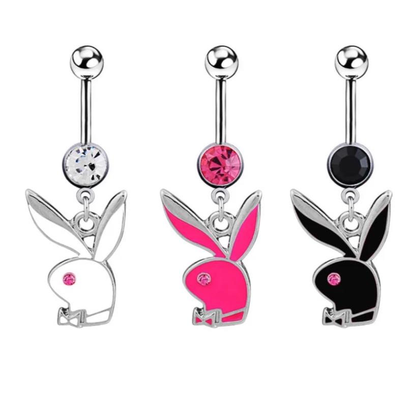 Womens Rhinestone Bunny Belly Ring, 14 Gauge, Surgical Stainless Steel