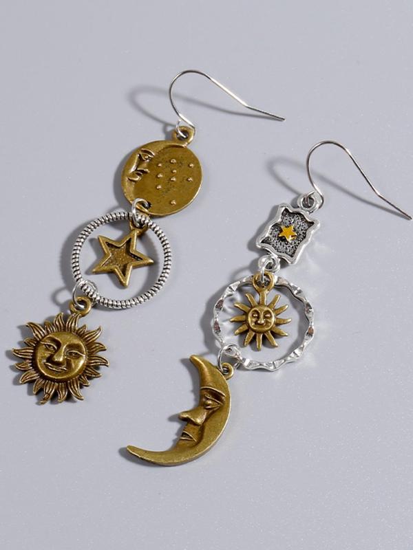 Vintage Moon & Sun & Star Design Dangle Earrings (1 Pair), Retro Bohemian Style Asymmetric Creative Jewelry for Women, Elegant All-match Fashion Accessories for Daily Wear