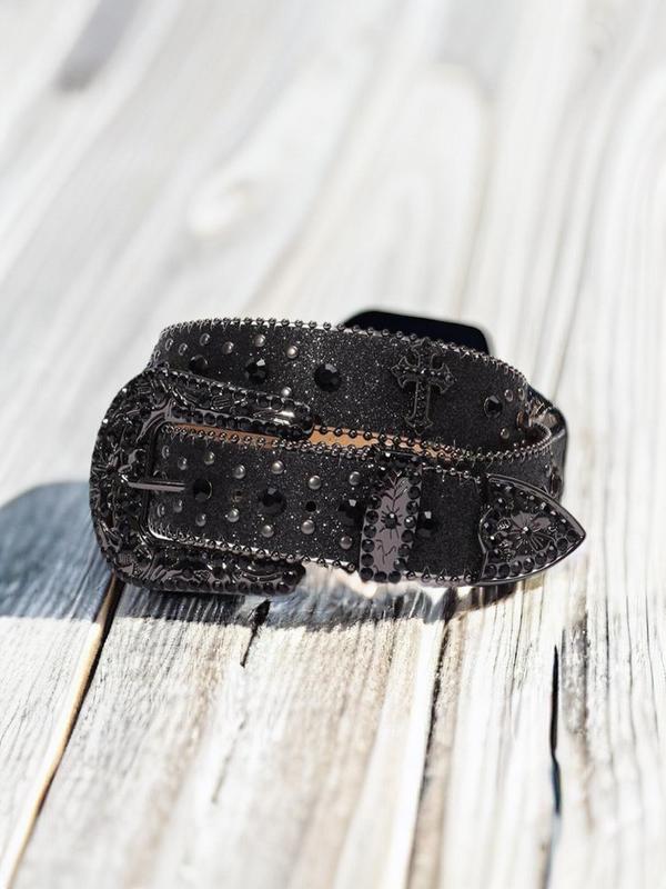 Punk Style Rhinestone Decorated Pu Buckle Belt, Designer Belt, Fashion Cross Designer Belt for Party, Daily Clothing Decor, Summer Trendy All-match & Exquisite Belt for Birthday Gift, Male Accessories Goth