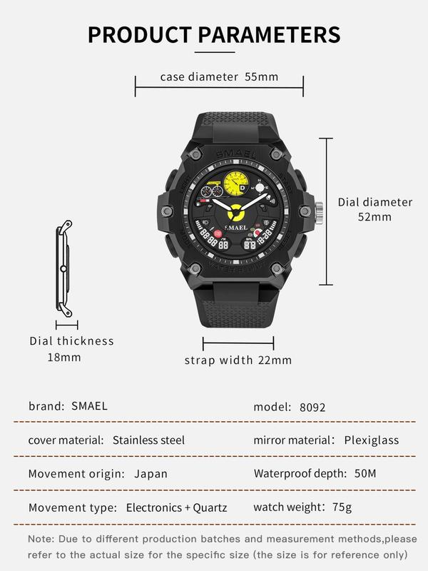 Men's Sportive Digital Analog Quartz Watch, Fashionable Waterproof Digital Watch with Luminous Dial & Time Function, Trendy Watch for Daily Life