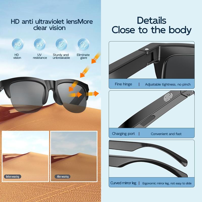 New Smart Wireless Sunglasses Wireless Calls Music Playback Outdoor Sports Headphones Rechargeable Hifi Sound Quality Hd Lenses Black Technology Touch Long Battery Life Uv Protection,waterproof, christmas gift ideas Black Friday Deals tiktok shop store