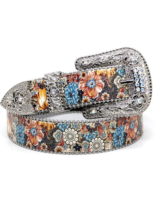 Fashion Floral Pattern Rhinestone Decorated Pu Buckle Belt, Fashion Belt for Party, Daily Clothing Decor, Trendy All-match & Exquisite Belt for Women & Girls